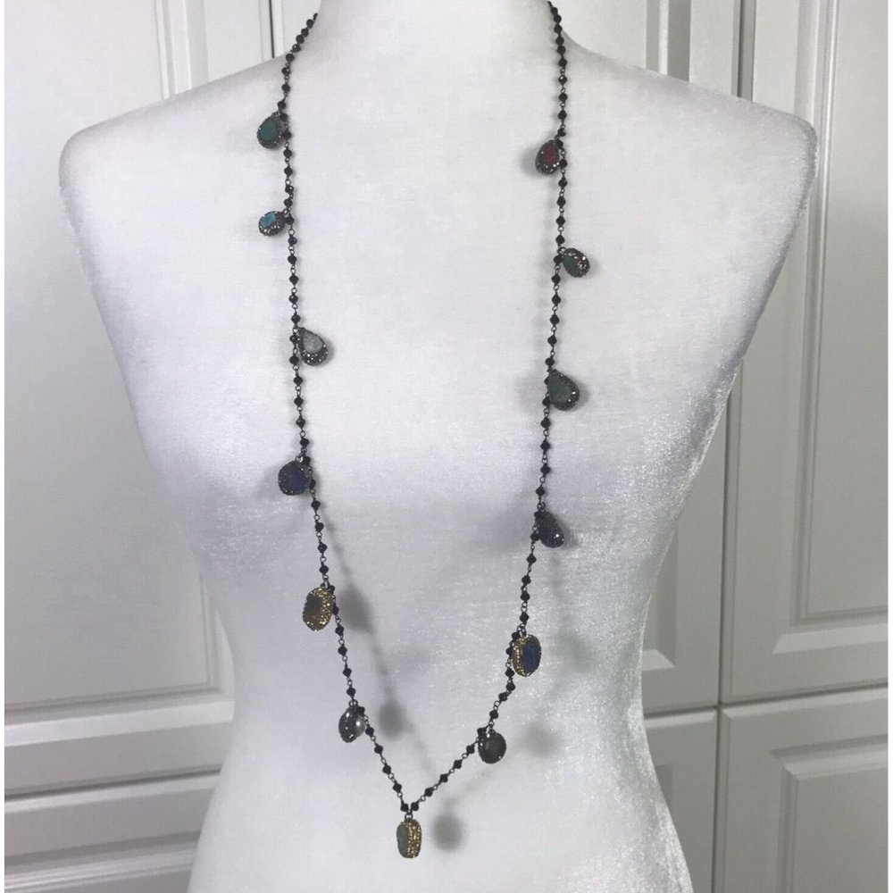 Beaded Necklace Long Black Faux Gem Dangle Stations Rhinestone 38" Layering